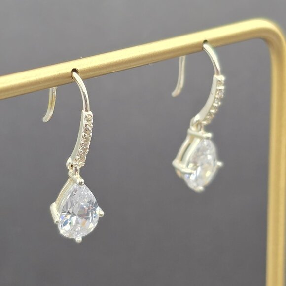 Teardrop Cubic Zirconia Drop Earrings Sterling Silver Hooks Pave Accents by CH - Picture 2 of 9